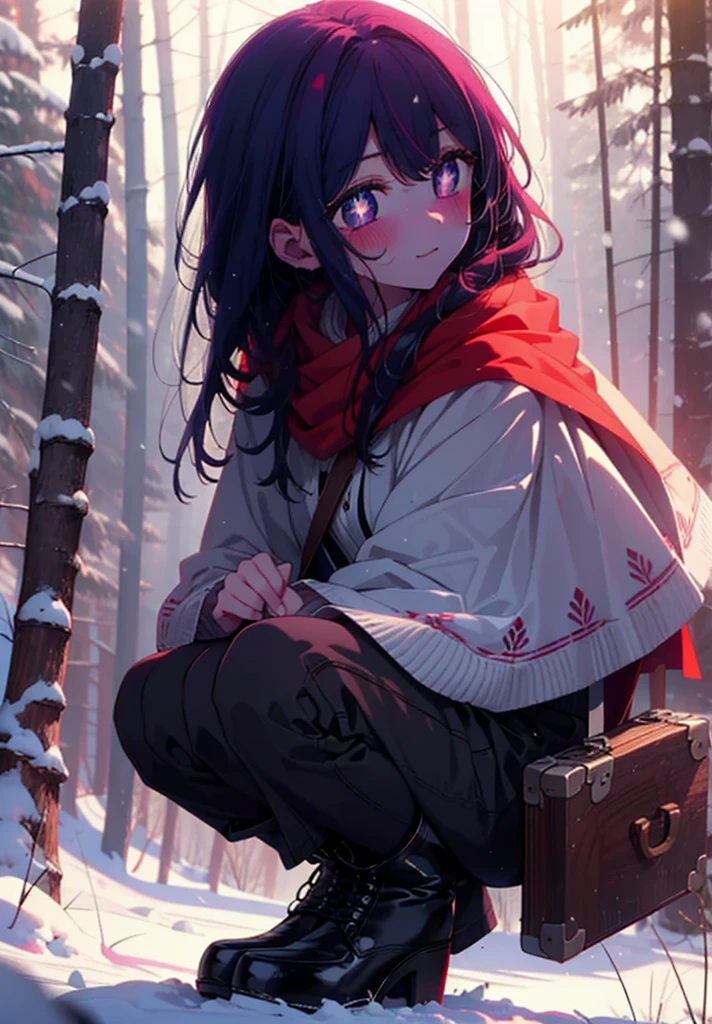 aihoshino, Ai Hoshino, Long Hair, bangs, (Purple eyes:1.1), Purple Hair, (Symbol-shaped pupil:1.5), smile,,smile,blush,white breath,
Open your mouth,snow,Ground bonfire, Outdoor, boots, snowing, From the side, wood, suitcase, Cape, Blurred, , forest, White handbag, nature,  Squat, Mouth closed, Cape, winter, Written boundary depth, Black shoes, red Cape break looking at viewer, Upper Body, whole body, break Outdoor, forest, nature, break (masterpiece:1.2), Highest quality, High resolution, unity 8k wallpaper, (shape:0.8), (Beautiful and beautiful eyes:1.6), Highly detailed face, Perfect lighting, Highly detailed CG, (Perfect hands, Perfect Anatomy),