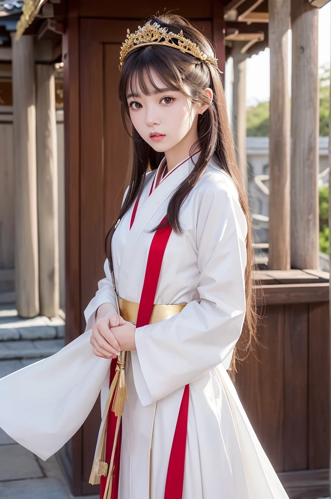 White hunting uniform, a shinto shrine maiden, detailed face, detailed eyes, detailed lips, long straight brown hair, gold simple thin hair tiara,  red straight lines on white outfit, conservative outfit, holding silver scissors, standing in a shrine courtyard, upper body closeup, high quality, digital art, photorealistic, dramatic lighting, cinematic, masterpiece