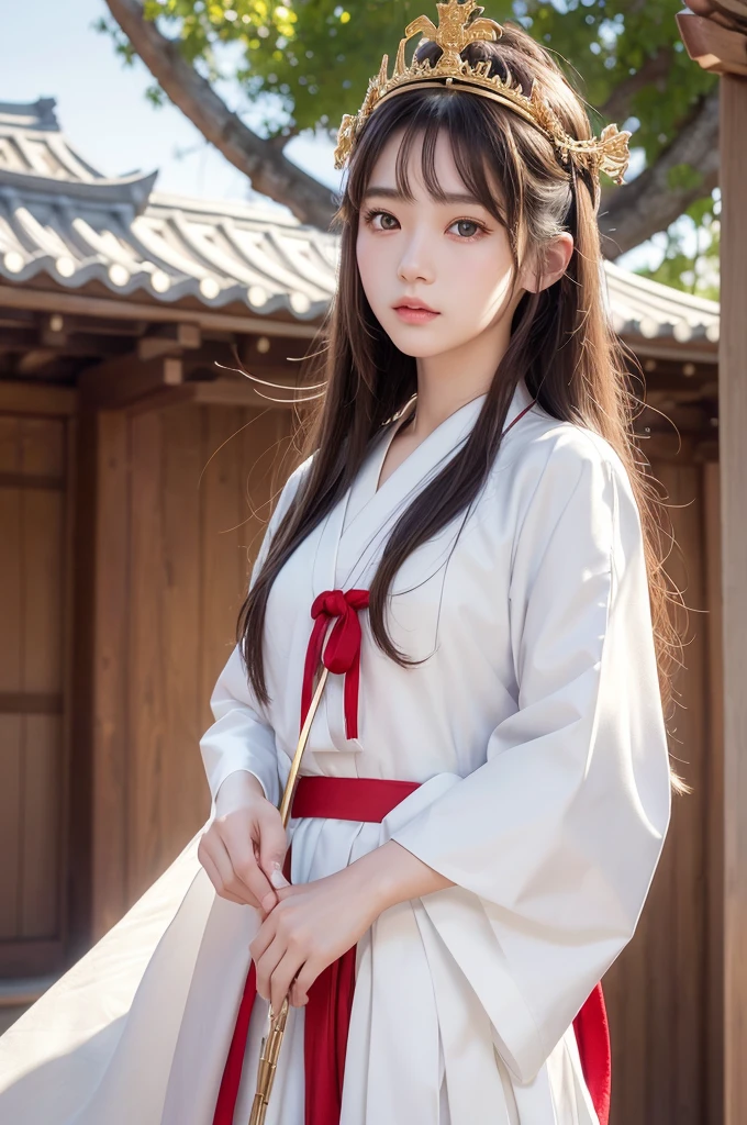 White hunting uniform, a shinto shrine maiden, detailed face, detailed eyes, detailed lips, long straight brown hair, gold simple thin hair tiara, red straight lines on white outfit, conservative outfit, holding silver scissors, standing in a shrine courtyard, upper body closeup, high quality, digital art, photorealistic, dramatic lighting, cinematic, masterpiece