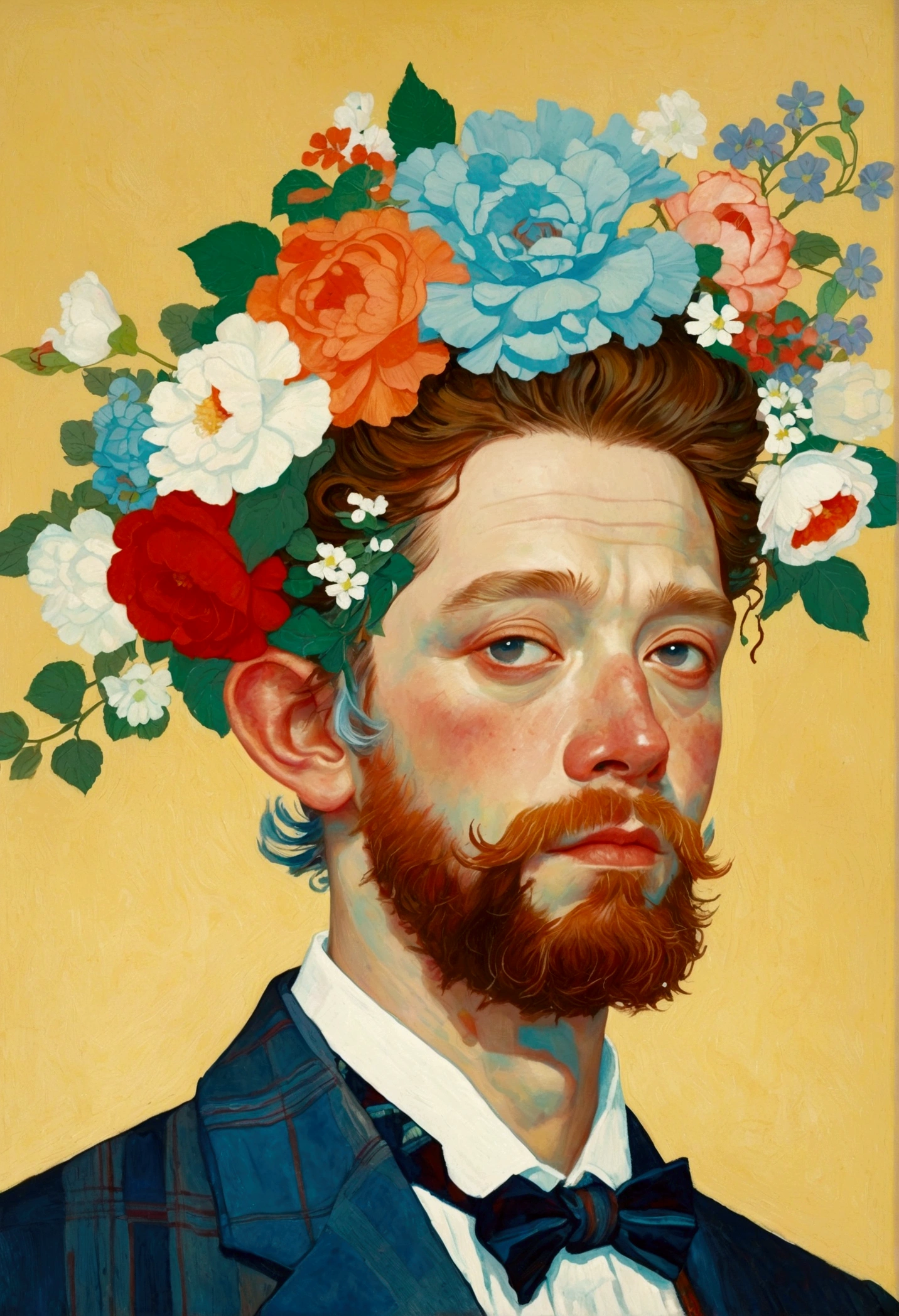 There is a man with a beard in the painting、Man wearing a flower crown, Fantastic portrait, Norman Rockwell and James Jean, Juster Battle, james gien style, style of james jean, 灵感来自詹姆斯·Christensen, James Jean (James Jean) of inspiration, By Jacka Kemp, Greg Rutkowski ; Fantastic, 受到 James C of inspiration. Christensen, Thomas Kinkade and Tristan Eton, Flowers in bloom