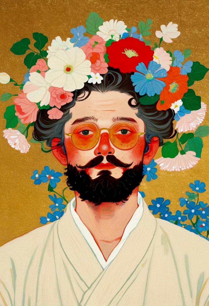 There is a man with a beard in the painting、Man wearing a flower crown, Fantastic portrait, Norman Rockwell and James Jean, Juster Battle, james gien style, style of james jean, 灵感来自詹姆斯·Christensen, James Jean (James Jean) of inspiration, By Jacka Kemp, Greg Rutkowski ; Fantastic, 受到 James C of inspiration. Christensen, Thomas Kinkade and Tristan Eton, Flowers in bloom
