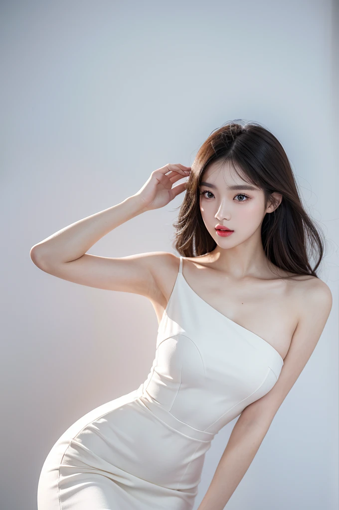 Ultra-high quality work,4K:2.0,Ultra HD,8K HD CG production,High-quality graphics,3D HD CG photos,Ultra-high pixel. Shiny One-Shoulder Party Dress, Dress, best quality, masterpiece, illustration, realistic, photo-realistic, amazing, finely detail, incredibly absurdres, huge filesize, ultra-detailed, highres, extremely detailed CG unity 8k wallpaper, nsfw, A young female K-pop idol, wearing a one-shoulder Soft Gold Color dress, She is being photographed 3:2, in high resolution, She looks elegant and sophisticated, with professional makeup and a stylish hairstyle. Stand Up Pose like Model , White Backdrop clean White Background . 3:2 shot ,fully body photo. High quality work ,Beautiful and delicate eyebrows and eyelashes,largeeyes,Light red eyes,Sexy red lips,Perfect lip shap.Stand Up Like a Model