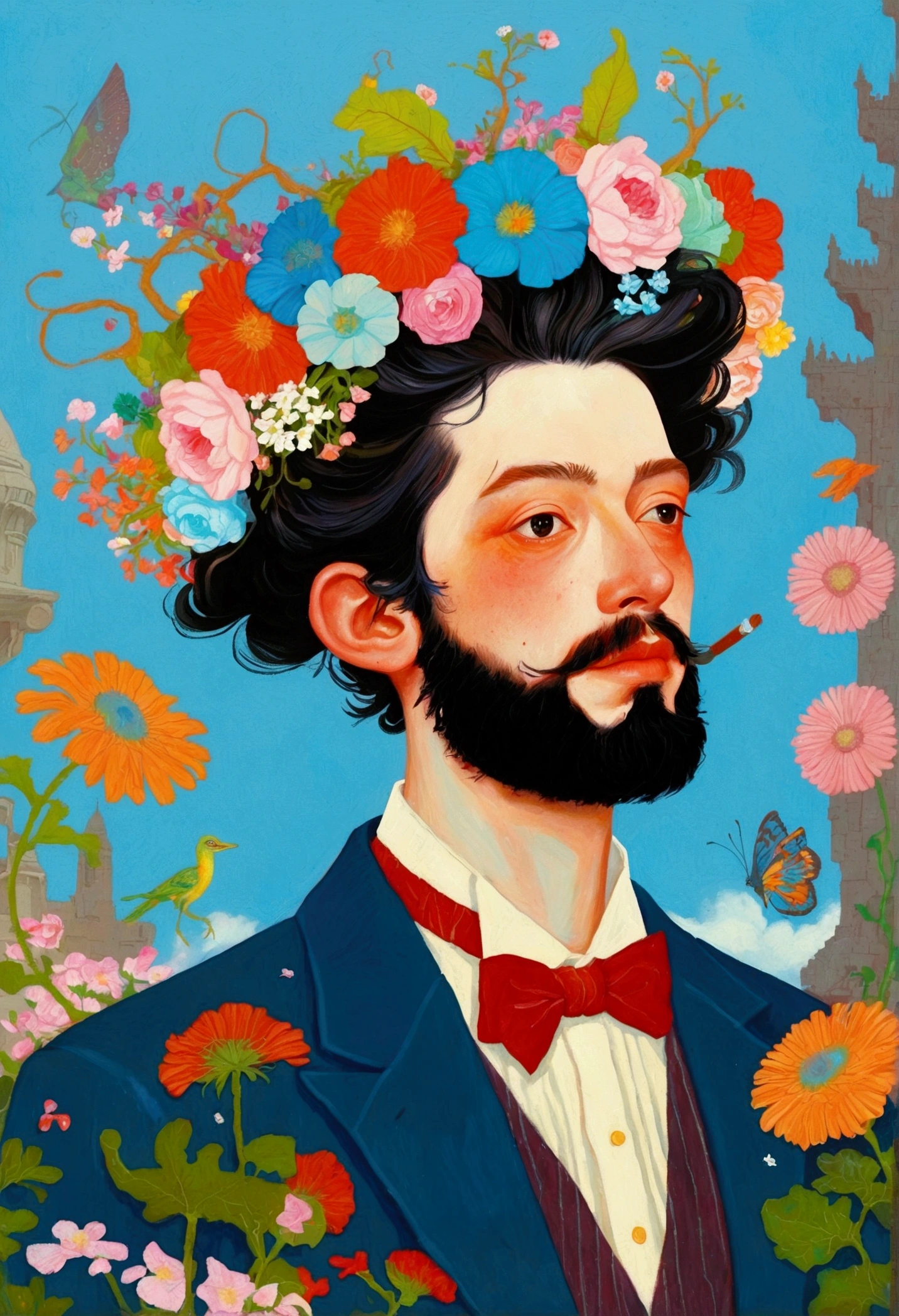 There is a man with a beard in the painting、Man wearing a flower crown, James Christensen-Inspired Surrealism, cg Club Competition Winners, Pop surrealism, Fantastic portrait, Norman Rockwell and James Jean, Juster Battle, james gien style, style of james jean, Greg Rutkowski ; Fantastic, Thomas Kinkade and Tristan Eton, Flowers in bloom, Pop surrealism art style, Murloc