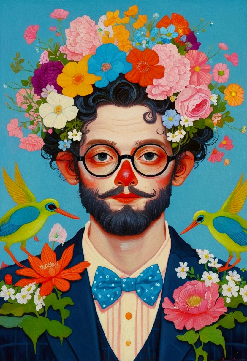 There is a man with a beard in the painting、Man wearing a flower crown, James Christensen-Inspired Surrealism, cg Club Competition Winners, Pop surrealism, Fantastic portrait, Norman Rockwell and James Jean, Juster Battle, james gien style, style of james jean, Greg Rutkowski ; Fantastic, Thomas Kinkade and Tristan Eton, Flowers in bloom, Pop surrealism art style, Murloc