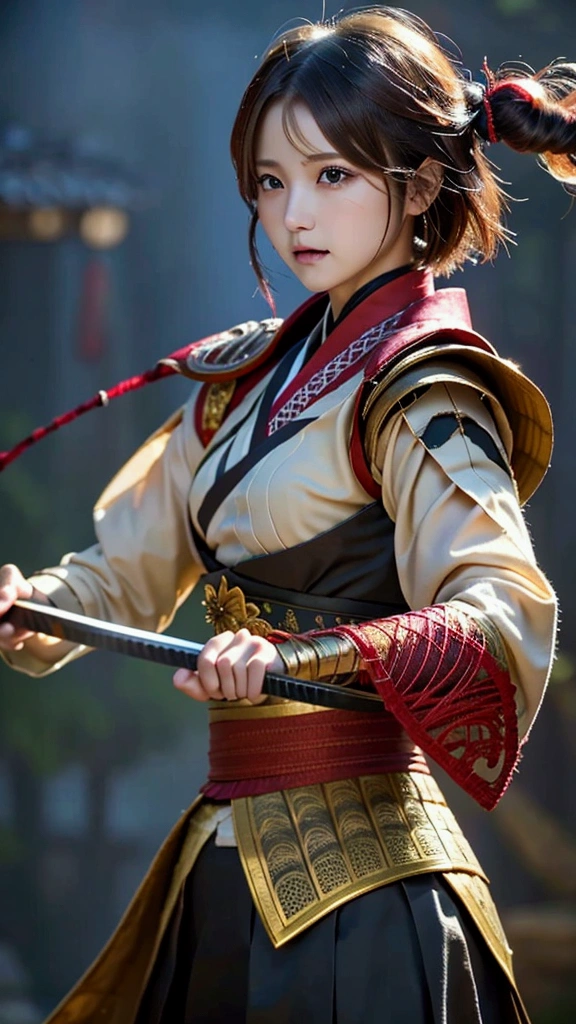 Highest quality、High resolution、Very detailed、Detailed Background、Beautiful 27 year old woman、Warrior、dragon tattoo on arm、Japanese sword明治政宗、(Blade length: 2 feet 4 inches、Handle length: 25cm、This part is woven with red and black threads...、The swallow is golden)、Japanese sword、Sharp eyes、(enemy'Blood is flowing to my cheeks)(Takeda Shingen)、blonde、short hair、Realistic Face、Swing your sword down、Delicate eyes、Laugh a little、Like a fight scene in a live-action movie、More realistic battle scenes、On the cheeks、enemyWarriorの返り血、(Burning castle in the background、Sparks fly、)(Japanese sword(The famous sword Muramasa 1.5)Hold with both hands、Sword Drawing Technique(Japanese sword、Muramasa Sword)、Warrior、