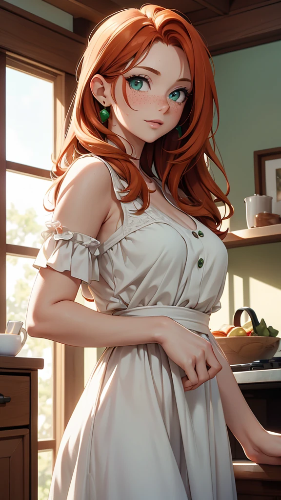(masterpiece), (4k), )vivid colors), (evening light) 38 year old ginger haired green eyed woman with freckles dressed as a housewife in a white dress