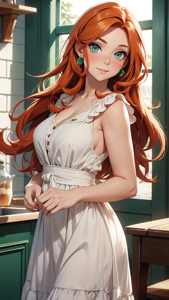 (masterpiece), (4k), )vivid colors), (evening light) 38 year old ginger haired green eyed woman with freckles dressed as a housewife in a white dress