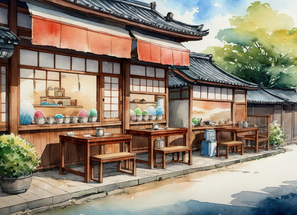 Heat rush Hazuki August Showa Showaの風景 shaved ice shaved ice屋さん 赤色と青色と黄色の三つのshaved ice shaved iceを作る機械 Sitting on an old chabudai table High quality hand-drawn watercolor sketches Antique color scheme vintage Retro Summer in Japan Background Blur Graphic Illustration Highest quality