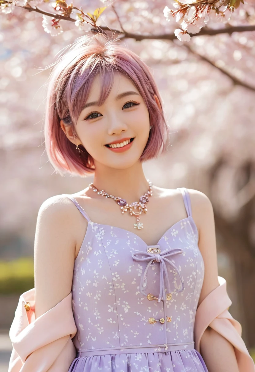 1 Girl, Practical, (Looking at the audience:1), (ulzzang-6500:0.66), thigh, only legs, Dappled sunlight, best quality, Ultra-high resolution, (photoPractical:1.4), Yae Yoshiko, Fox ears, short hair, pink hair, Yes_Cherry blossoms, Jewelry, Cherry blossoms, (Smile:1), only_Shoulder, hair_Decorations, purple_Eye, , Detached_sleeve, , detailed Eye,, (light Smile:1), , (Small Breasts:1.4), , (only upper body:1.4), , (Swollen nipples:1),, Put your hands behind your back,