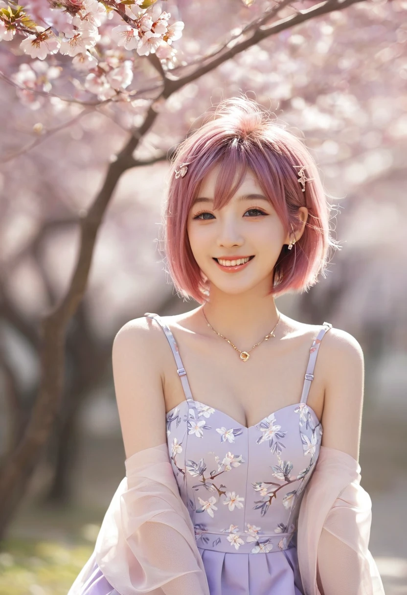1 Girl, Practical, (Looking at the audience:1), (ulzzang-6500:0.66), thigh, only legs, Dappled sunlight, best quality, Ultra-high resolution, (photoPractical:1.4), Yae Yoshiko, Fox ears, short hair, pink hair, Yes_Cherry blossoms, Jewelry, Cherry blossoms, (Smile:1), only_Shoulder, hair_Decorations, purple_Eye, , Detached_sleeve, , detailed Eye,, (light Smile:1), , (Small Breasts:1.4), , (only upper body:1.4), , (Swollen nipples:1),, Put your hands behind your back,