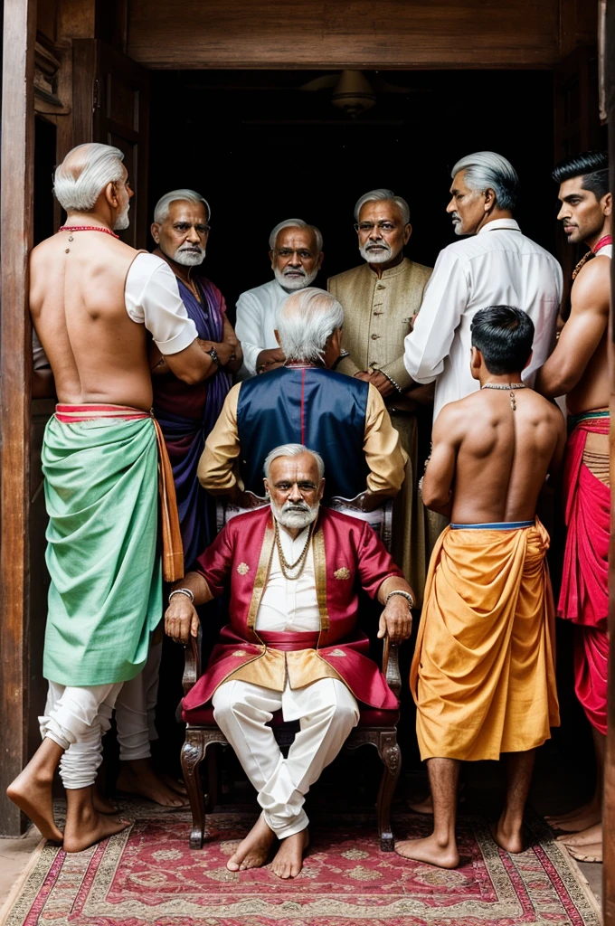 Create a aesthetic images of an old man sitting on the chair and 5 young and devilishly handsome and charismatic men are standing around him from behind and all of them are Indians.... They're dressed in Indian traditional attire.... For a family photo