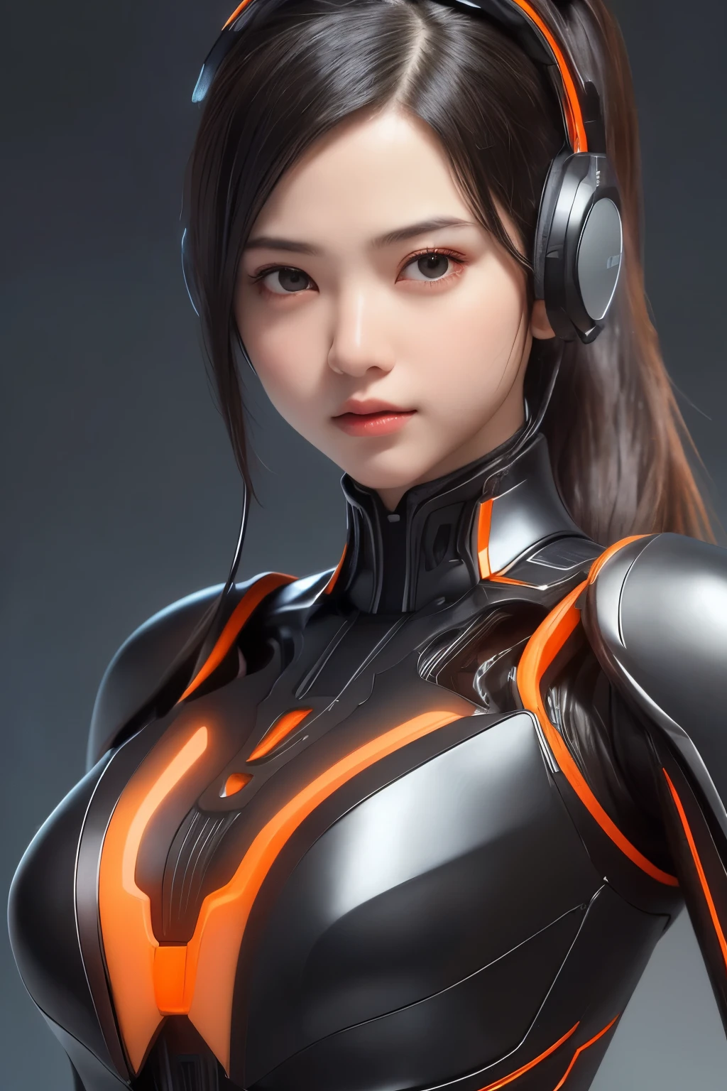 Top Quality, Masterpiece, Ultra High Resolution, (Photorealistic: 1.4), Raw Photo, 1 Girl, Black Hair, Glossy Skin, 1 Mechanical Girl, (((Ultra Realistic Details)), Portrait, Global Illumination, Shadows, Octane Rendering, 8K, Ultra Sharp, Intricate Ornaments Details, realistic skin, sweat effect, ((wearing Headphone)), very intricate detail, realistic light, CGSoation trend, brown eyes, glowing eyes, matte black and glossy orange mechanical bodysuit, Long hair, black hair, Ponytail hair, Half body shot, spaceship bridge background, dynamic pose, Facing Another, Scowl, Raised Eyebrow, 