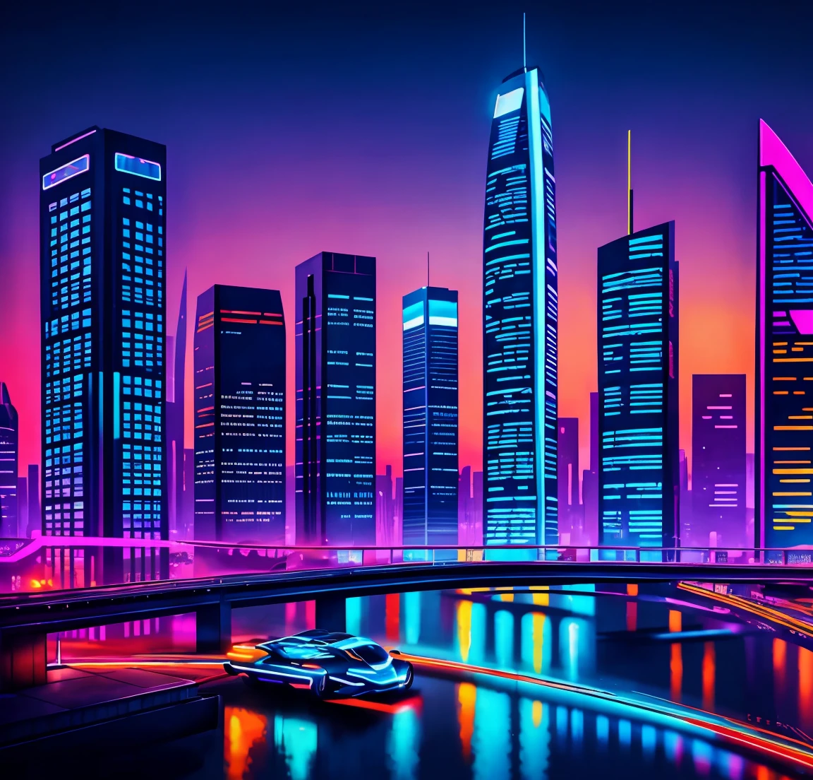 Create a vibrant digital painting of a futuristic cityscape at sunset, with flying cars and neon lights reflecting on glass skyscrapers. The scene should have a cyberpunk aesthetic with detailed, colorful elements and a lively atmosphere.