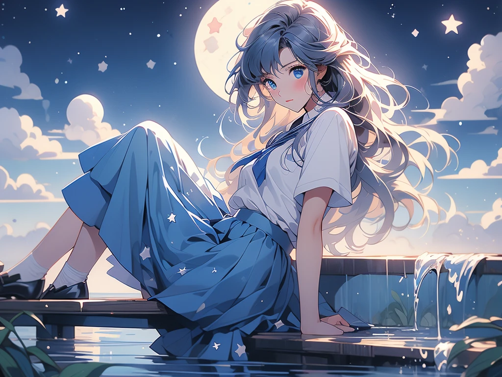you can use water color to bring your art to life or to make your own work even more beautiful, 1girl, solo, sky, skirt, school uniform, crescent moon, sitting, moon, long hair, star (sky), serafuku, water, blue skirt, cloud, blue eyes