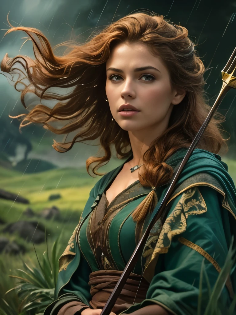 (masterpiece), cartoon, best quality,(photo_(medium):1.0), by Antonio J. Manzanedo, by Jeremy Lipking, lightning, in a surreal Scotland highlands scenery, painting style with watercolor, Brushstrokes, colorful,vibrant colors,1 ultra hot gorgeous woman, Merida from Disney brave in action pose with a bow. Stormy weather.