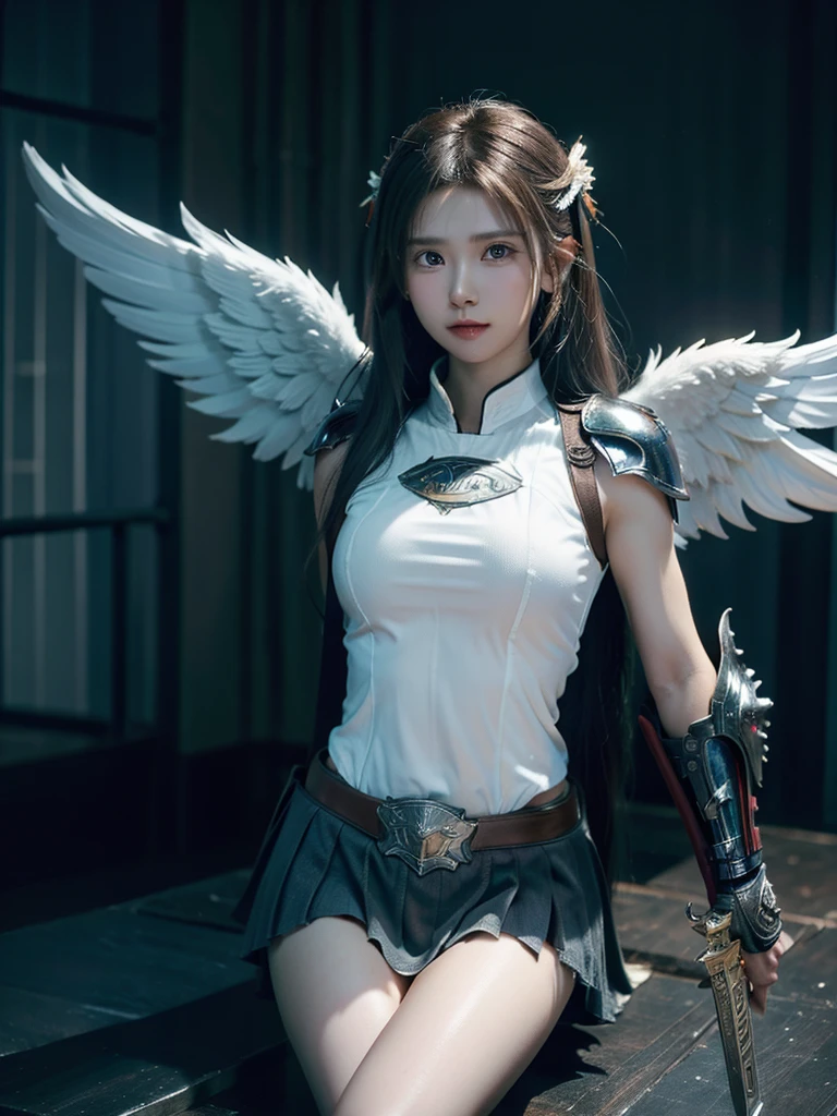 strong angel with heavenly armor, with shield sword, seven wings, ready for battle  