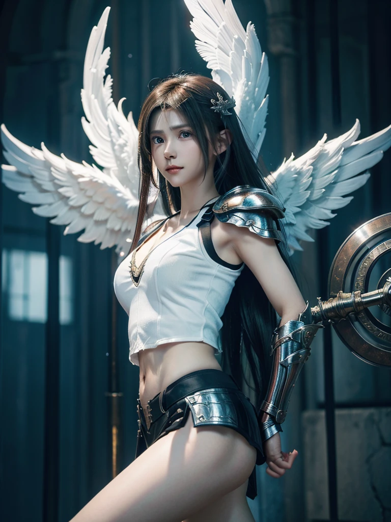 strong angel with heavenly armor, with shield sword, seven wings, ready for battle  