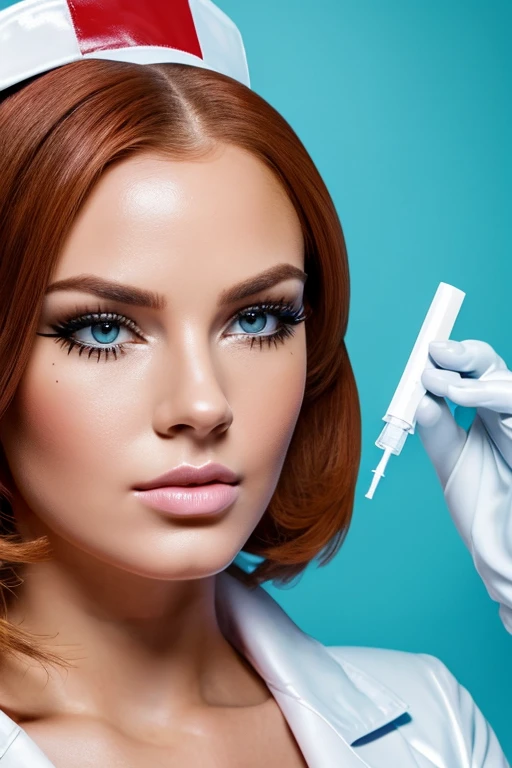 elegant nurse holding syringe filled with liquid, wearing latex nurse french maid dress, latex mask over mouth and nose, latex gloves, auburn hair, beautiful detailed eyes, beautiful detailed lips, extremely detailed eyes and face, long eyelashes, (best quality,4k,8k,highres,masterpiece:1.2),ultra-detailed,(realistic,photorealistic,photo-realistic:1.37),portraits, vivid colors, studio lighting