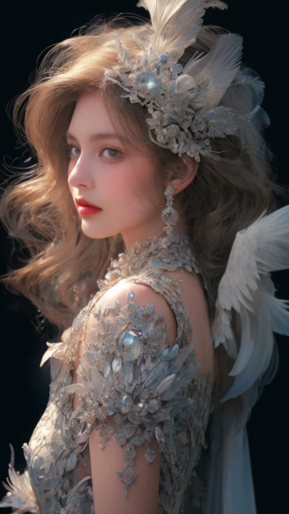 1girl, looking at viewer, long ponytail hair, upper body, huge breasts,  A teal hanfu with flowing, bell-shaped sleeves and crane motifs.,Sacred Mount Tai attracting pilgrims with its spiritual significance. opal diamond,arms behind back,