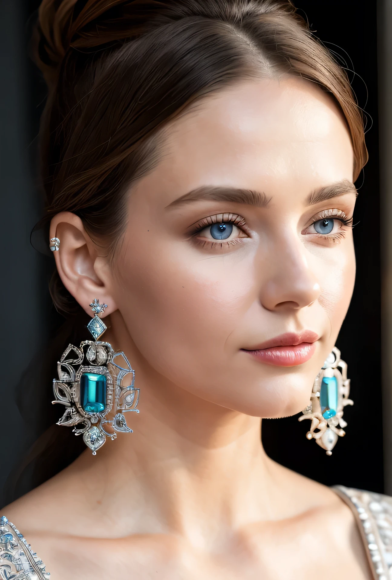 (masterpiece, best quality), intricate details, realistic, photorealistic, a close up of a woman wearing earrings, inspired by Emma Andijewska, draped in crystals, silver color, long earrings, sandra chevier, huge earrings, 2019, blue-eyed, platinum jewellery, earring, flawless structure, silver earring,