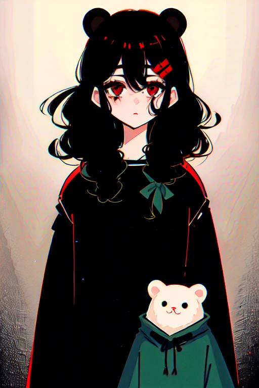 (masterpiece, Best Quality, 1 scared and worried with a little white bear with a green bow in her curls, linda chompa tipo poncho negro, medium black hair, calm red eyes, Session, terrifying black background, evening, Dark forest