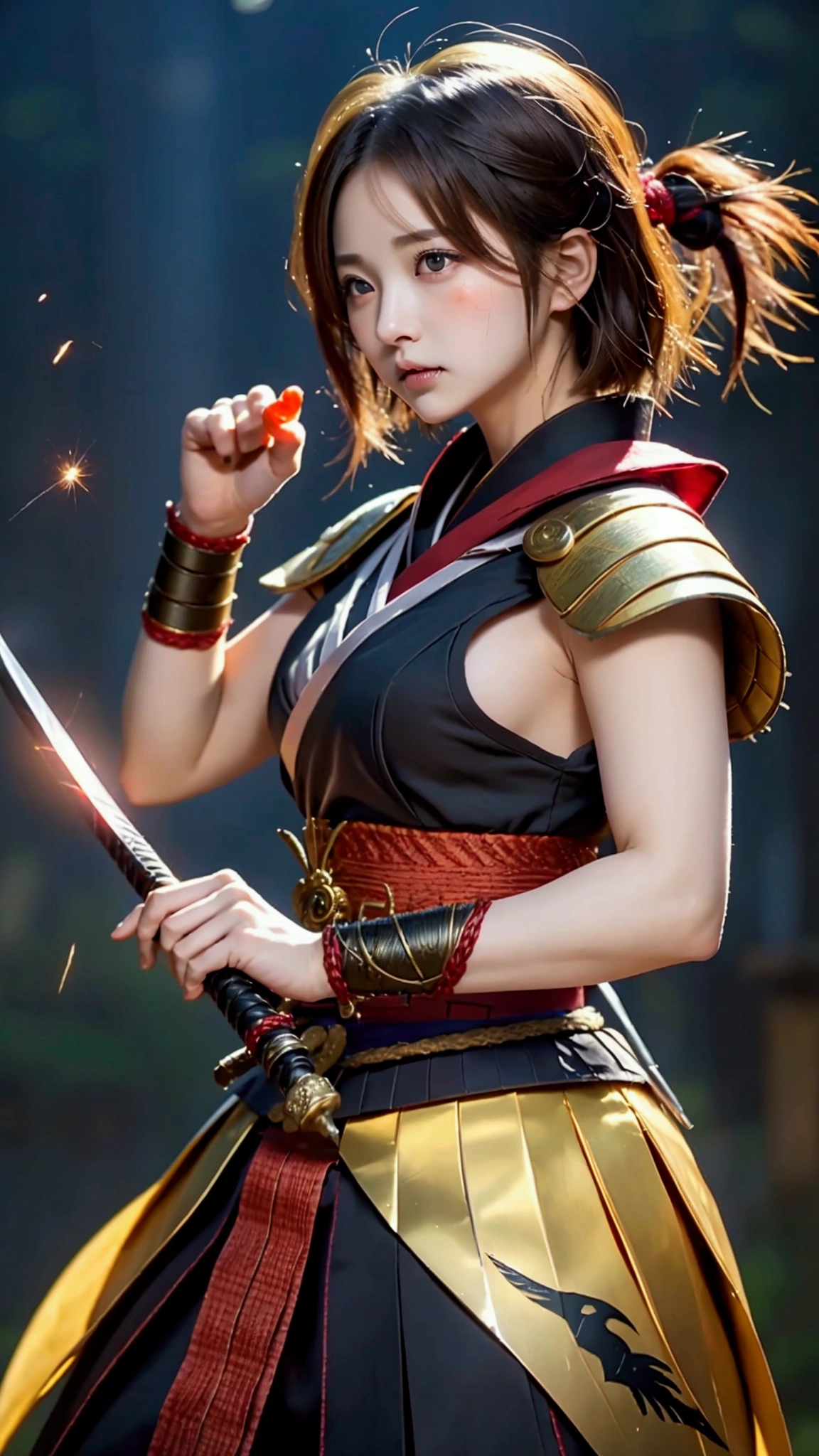 Highest quality、High resolution、Very detailed、Detailed Background、Beautiful 27 year old woman、Warrior、dragon tattoo on arm、Japanese sword明治政宗、(Blade length: 2 feet 4 inches、Handle length: 25cm、This part is woven with red and black threads...、The swallow is golden)、Japanese sword、Sharp eyes、(enemy'Blood is flowing to my cheeks)(Takeda Shingen)、blonde、short hair、Realistic Face、Swing your sword down、Delicate eyes、Angry expression、Like a fight scene in a live-action movie、More realistic battle scenes、On the cheeks、enemyWarriorの返り血、(Burning castle in the background、Sparks fly、)(Japanese sword(The famous sword Muramasa 1.5)Hold with both hands、Sword Drawing Technique(Japanese sword、Muramasa Sword)、Warrior、