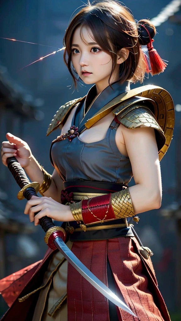Highest quality、High resolution、Very detailed、Detailed Background、Beautiful 27 year old woman、Warrior、dragon tattoo on arm、Japanese sword明治政宗、(Blade length: 2 feet 4 inches、Handle length: 25cm、This part is woven with red and black threads...、The swallow is golden)、Japanese sword、Sharp eyes、(enemy'Blood is flowing to my cheeks)(Takeda Shingen)、blonde、short hair、Realistic Face、Swing your sword down、Delicate eyes、Angry expression、Like a fight scene in a live-action movie、More realistic battle scenes、On the cheeks、enemyWarriorの返り血、(Burning castle in the background、Sparks fly、)(Japanese sword(The famous sword Muramasa 1.5)Hold with both hands、Sword Drawing Technique(Japanese sword、Muramasa Sword)、Warrior、