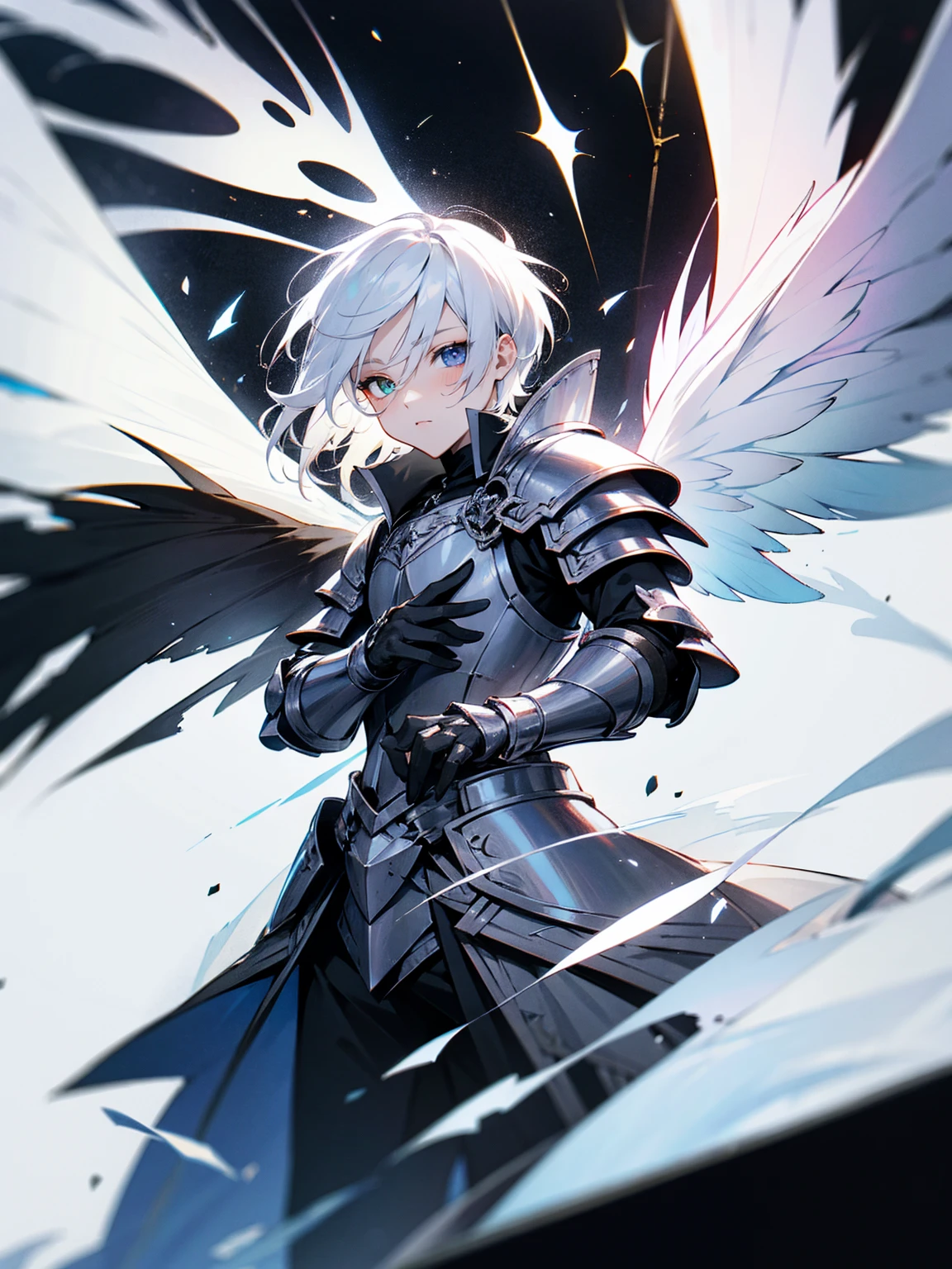 1male, white hair, armor, black and white eyes, heterochromia, armor, black fairy wings,void