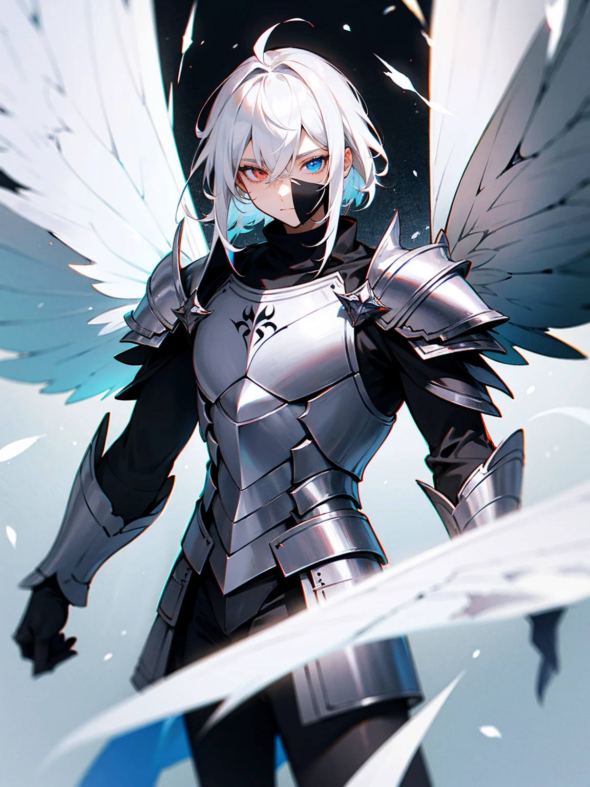1male, white hair, armor, black and white eyes, heterochromia, armor, black fairy wings,void 