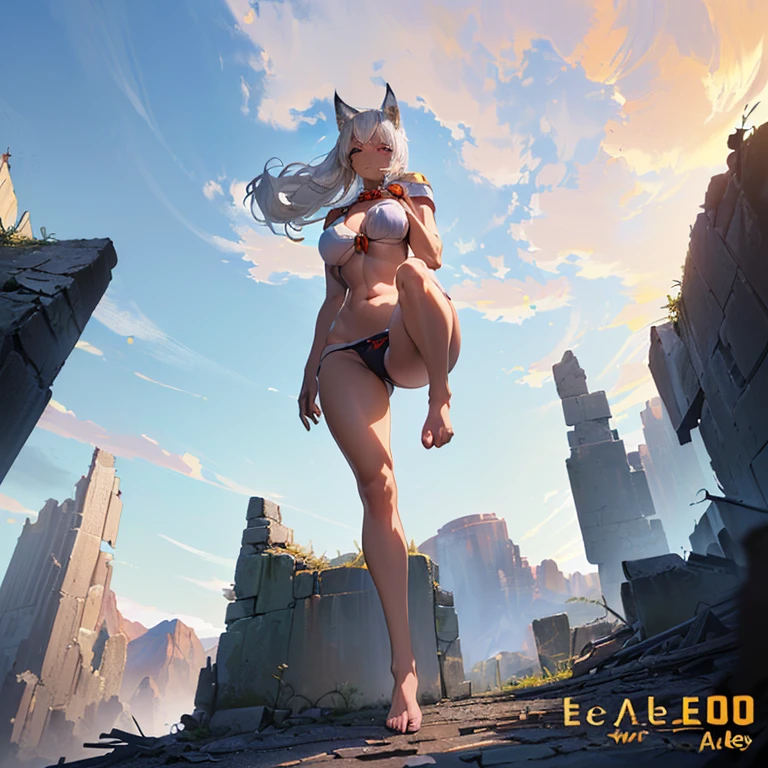 (8k, Realistic, RAW Photos, Highest quality, (from below:2), View your viewers: 1.3), (Fox Girl, Fox Ears, Silver Hair, One Girl, Long Hair, (Alone on the screen, dark skin), High definition:1.6), (Bikini Armor:1.8), (Body measurements are 99-55-77!, Height: 145cm, Nice body, Big Breasts, slender, muscle, (Stand with your legs apart, I can see the valley):1.9),(美しいface, Delicate drawing, It is written down in detail), Avatar, face, 色っぽいface, Dominant representation, naughty face, Uplifting, Skin Texture, outside, ruins, Ruined City, Broken Building, There are no people