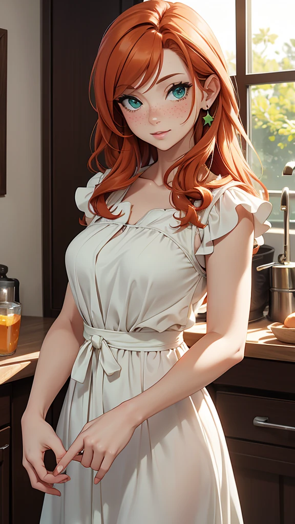 (masterpiece), (4k), )vivid colors), (evening light) 38 year old ginger haired green eyed woman with freckles dressed as a housewife in a white dress