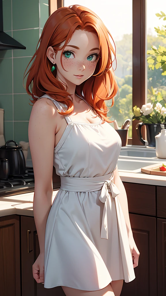(masterpiece), (4k), )vivid colors), (evening light) 38 year old ginger haired green eyed woman with freckles dressed as a housewife in a white dress