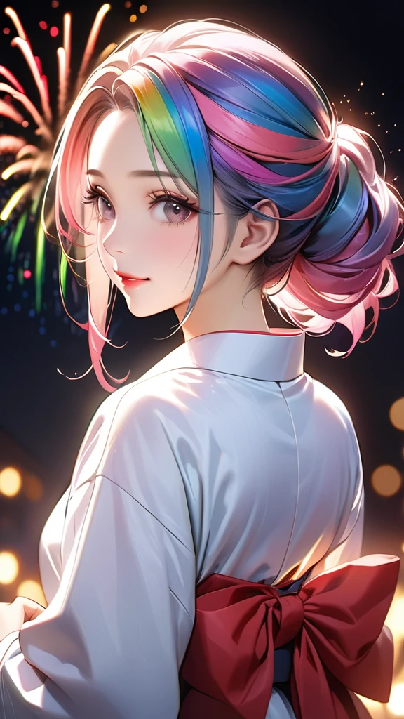 A beautiful and divine woman wearing a clean and refreshing white and pink yukata.々A beautiful woman.々Beautiful Goddess, Rainbow Hair,Medium long hairstyle,Beautiful attention to detail, Beautiful lip detail, Highly detailed face, Long eyelashes, Friendly and polite expressions, red, Round crystals in both hands, The perfect uniform, High quality lighting, Realistic, 8k, Highest quality, masterpiece, Professional, Studio Lighting,The background is a fireworks display,Fully facing backwards