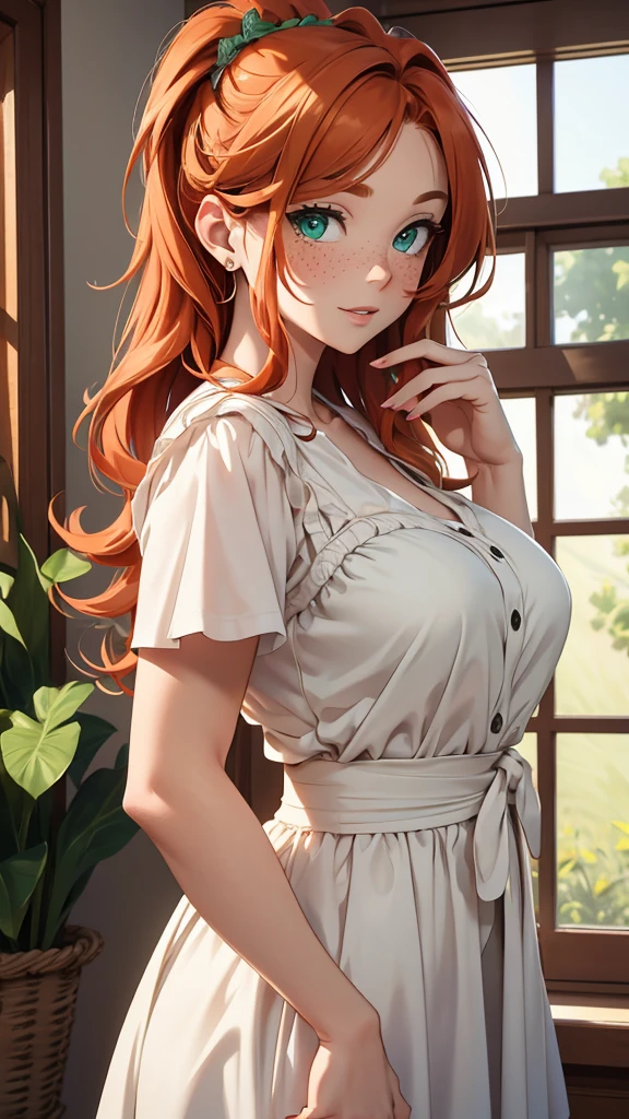 (masterpiece), (4k), )vivid colors), (evening light) 38 year old ginger haired green eyed woman with freckles dressed as a housewife in a white dress