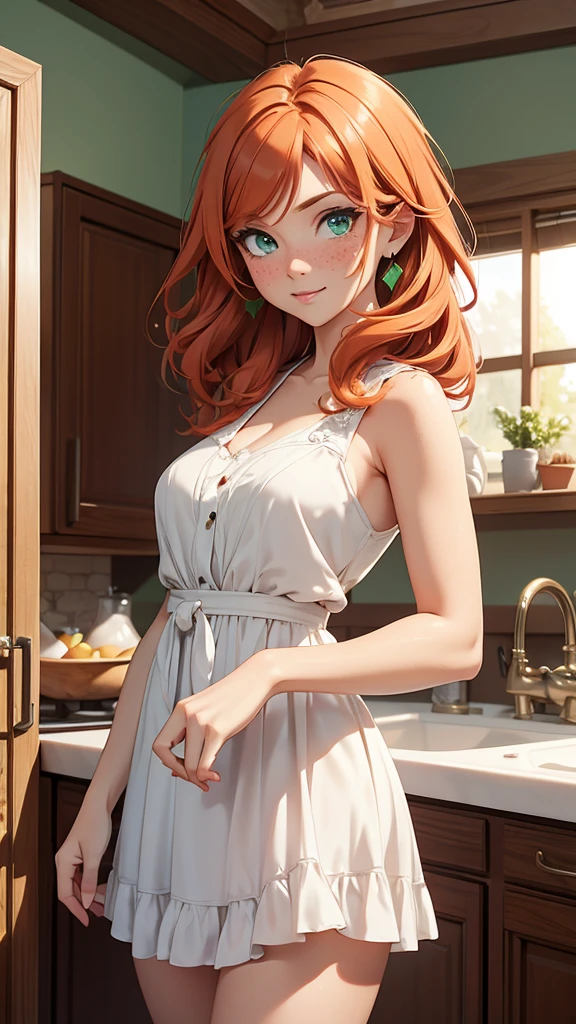 (masterpiece), (4k), )vivid colors), (evening light) 38 year old ginger haired green eyed woman with freckles dressed as a housewife in a white dress