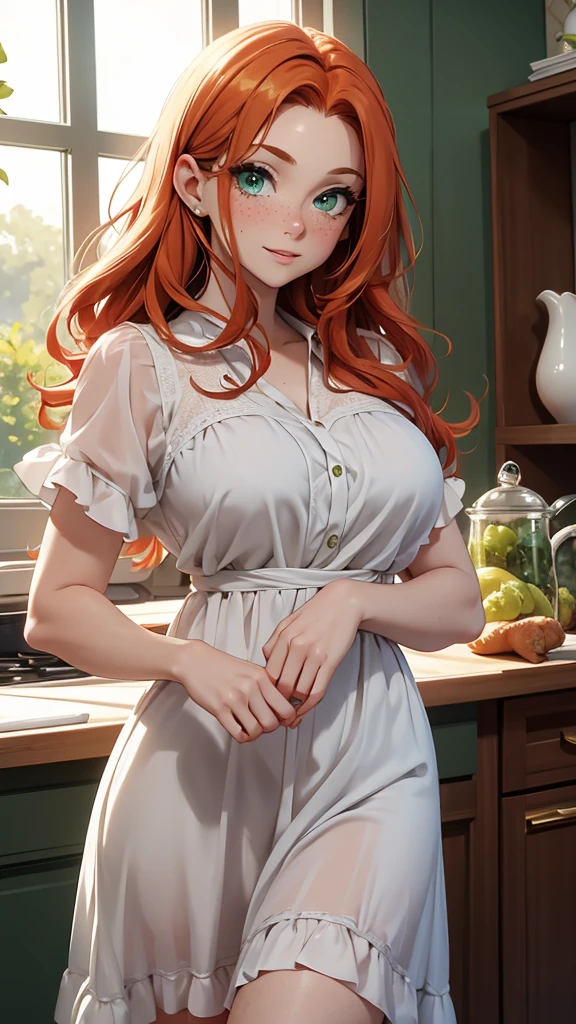 (masterpiece), (4k), )vivid colors), (evening light) 38 year old ginger haired green eyed woman with freckles dressed as a housewife in a white dress