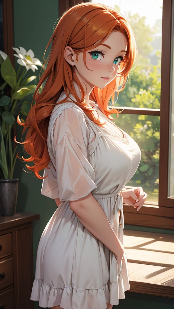 (masterpiece), (4k), )vivid colors), (evening light) 38 year old ginger haired green eyed woman with freckles dressed as a housewife in a white dress