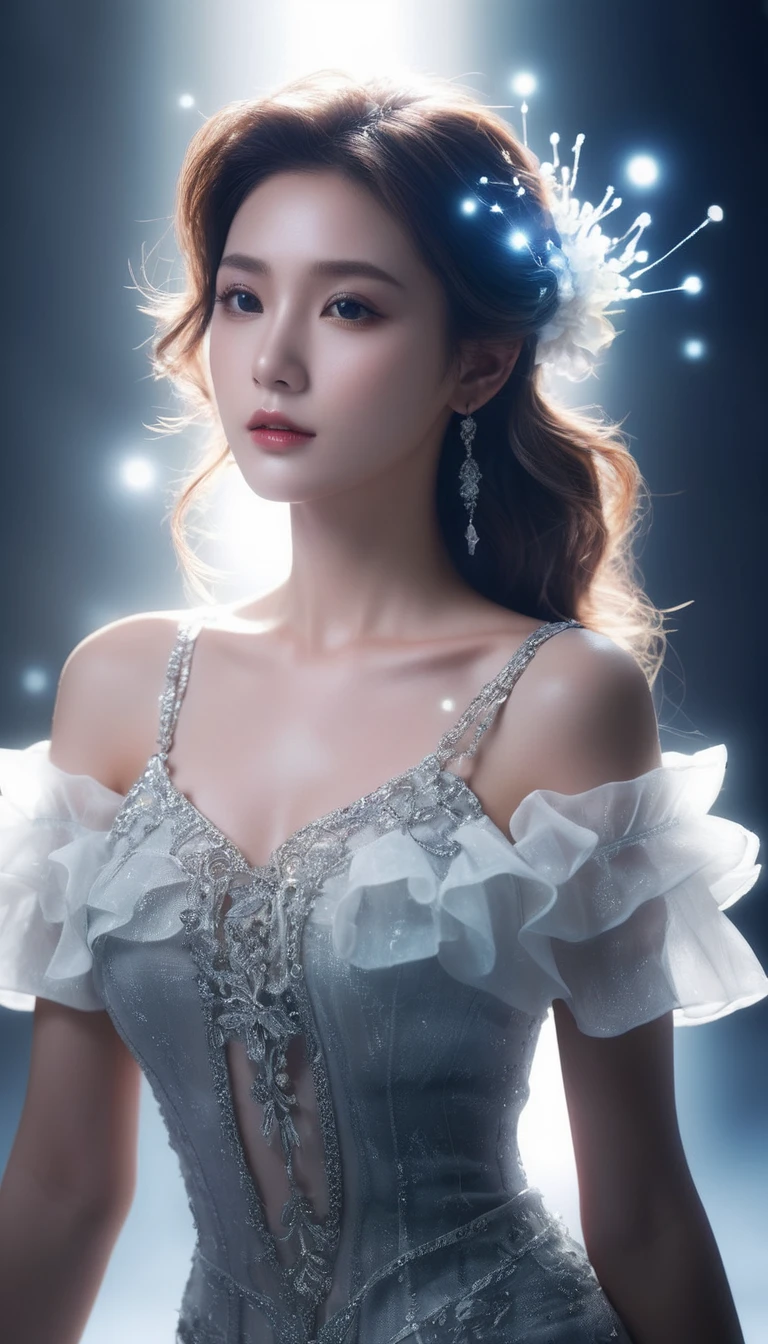 ((jewel_light element)), (Translucent luminous body_Wearing a light frilly blouse:1.3), (girl made of light: 1.2, Long wavy hairstyle with delicate features and light:1.3), (minimalism: 0.5), (Upper body close-up angle: 1.3), 4K, HDR, acid graphics, fantasy work, [Detailed and vivid faces: 0.33], (Translucent glowing body and hair made of light particles: 1.3), Silhouette outline and glowing beautiful woman, Understated elegance is revealed.. A calm and dignified atmosphere provides a subtle sense of luxury... gray smooth texture, stylish pose, bioluminescent tattoo, glowing pattern.
