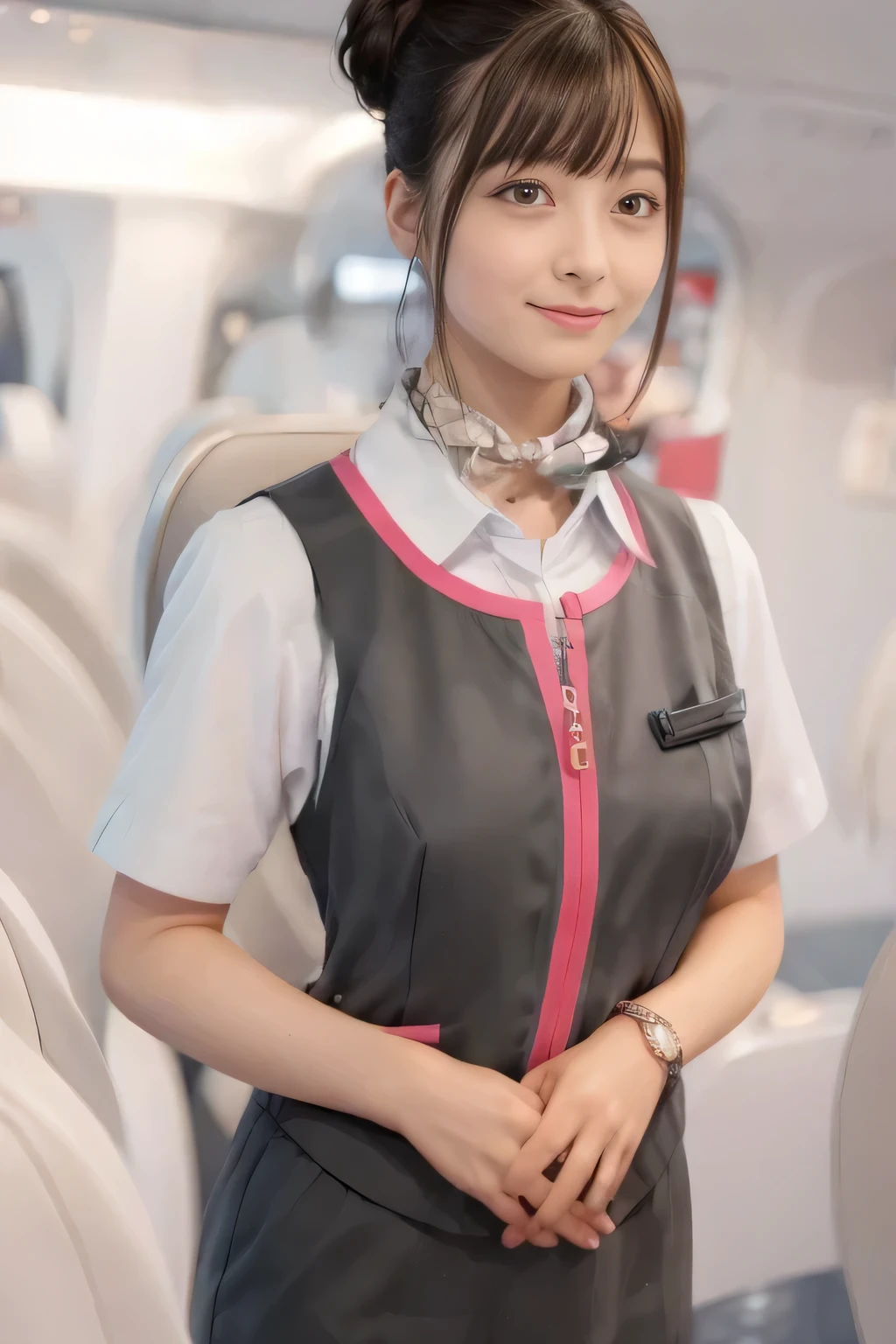 (masterpiece:1.2, Highest quality:1.2), 32k HDR, High resolution, (alone、1 girl)、（On the roof of a building、Professional Lighting）、daytime background、（Realistic style of JR Gran Class crew uniform）、Short sleeve blouse、a scarf around the neck、（JR Gran Class flight attendant uniform with pink parts on the skirt sleeves）、（The uniform of the flight attendants of JR Gran Class has a pink line on the front zipper of the vest.）、There are no pink lines on the uniform skirts of flight attendants in JR Gran Class、Dark brown hair、（Hair tied up、Chignon）、Dark brown hair、Long Shot、Big Breasts、（（Great hands：2.0）），（（Harmonious body proportions：1.5）），（（Normal limbs：2.0）），（（Normal finger：2.0）），（（Delicate eyes：2.0）），（（Normal eyes：2.0））)、Luxury earrings、smile、Beautiful standing posture,