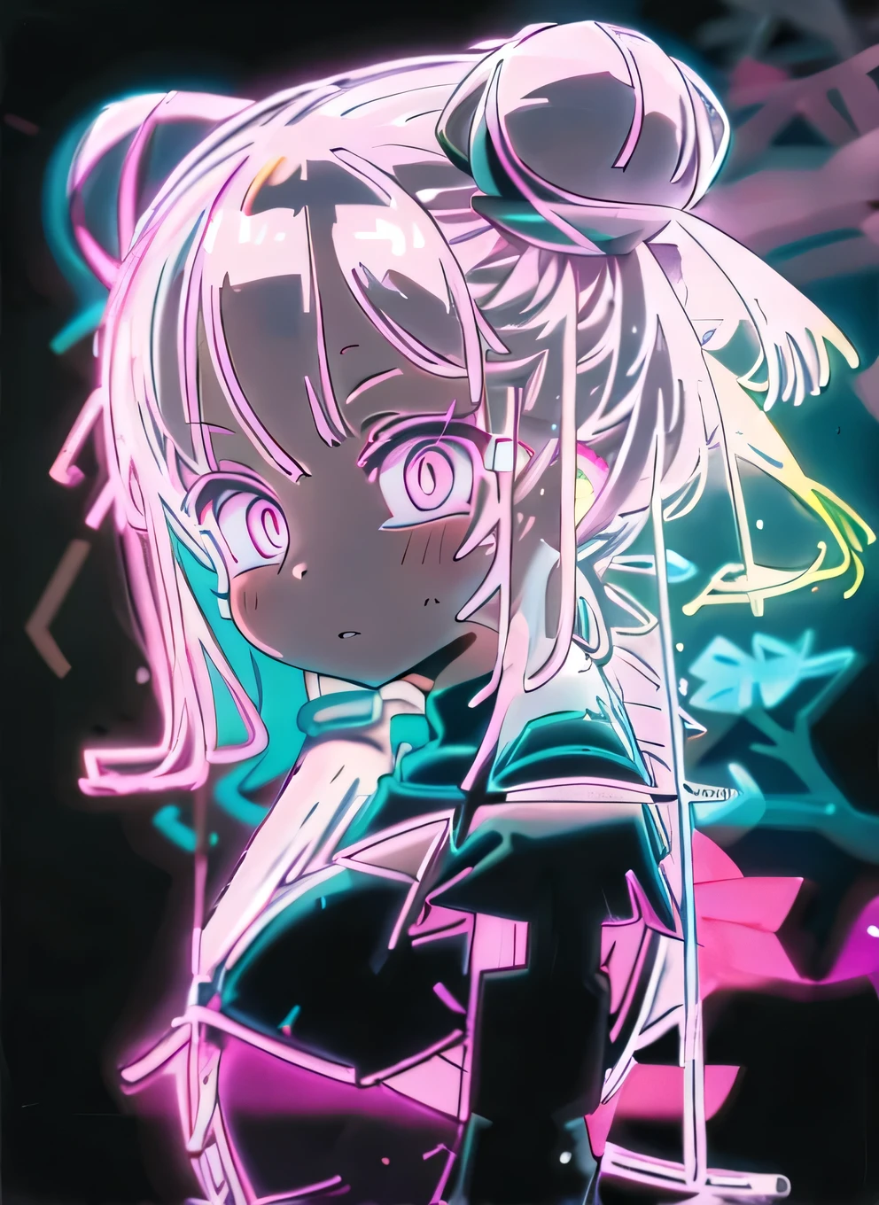 (((neon_Outline 1girl))), (Hair Ribbon:0.4), Pink Eyes,(((White bun hair))),(((Pink long hair))),
 