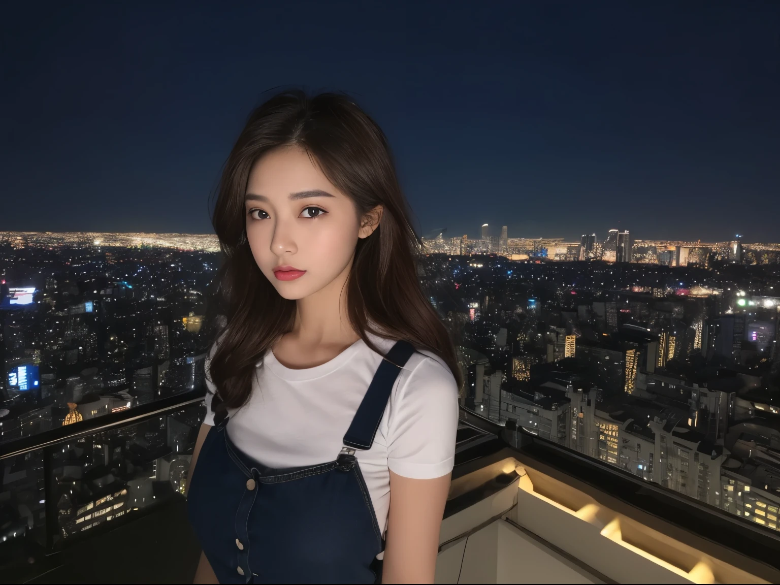 ((Midnight、Highest quality、8k、masterpiece:1.3)), Upper body, Long legs, Sharp focus:1.2, Beautiful woman with perfect figure:1.4, Slim Abs:1.1, ((Dark brown hair、Huge boobs:1.2)), (White tight T-shirt、Jean Bib, standing:1.2), ((Night city view、On the roof:1.3)), Highly detailed face and skin texture, Detailed eyes, double eyelid