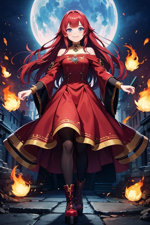 Anime Art、Full body portrait、Fantasy World Fire Wizard、A woman around 160cm tall, around 27 years old, wearing a crimson Gothic dress, walking through a burning medieval town surrounded by flames.、Long skirt that reaches the ankles、Black tights、Wavy medium length hair、Red hair、Wicked Smile、Creepy Smile、unpleasant laughter、Laughing with mouth open、Bossy smile、Laughing out loud、Tree Eyes、Eyes wide open、Small eyes、Blue Eyes、Platform boots、Gold Bracelet