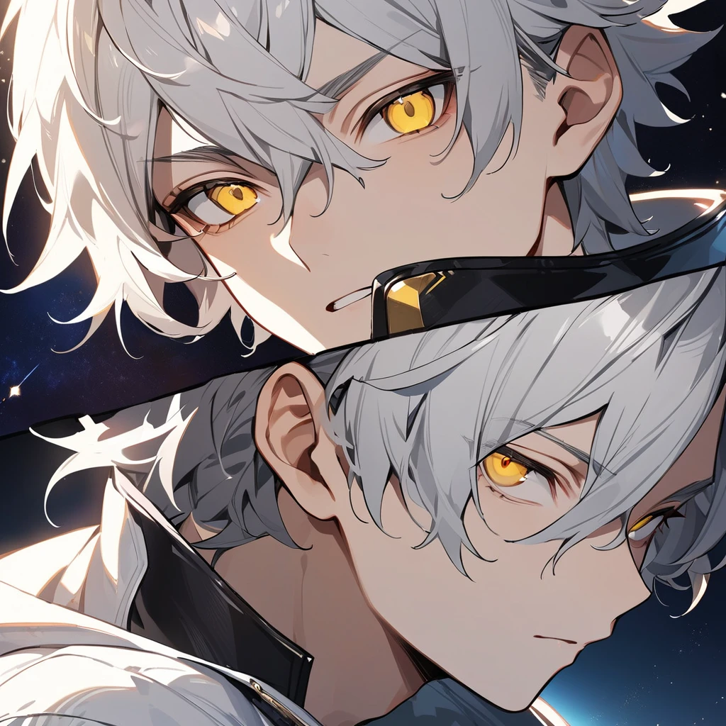 High quality, HD, 4k, no shadows, handsome male, 1male, 17 years old, teenager, golden lining, short white hair, sharp eyes, yellow eyes, deep yellow eyes, golden eyes, devil may cry, close up, calm expression, stoic expression, black leather clothes, white leather clothing, lean body, well trained body, upper body, looking at viewer, cowboy shot, white solar, space background
