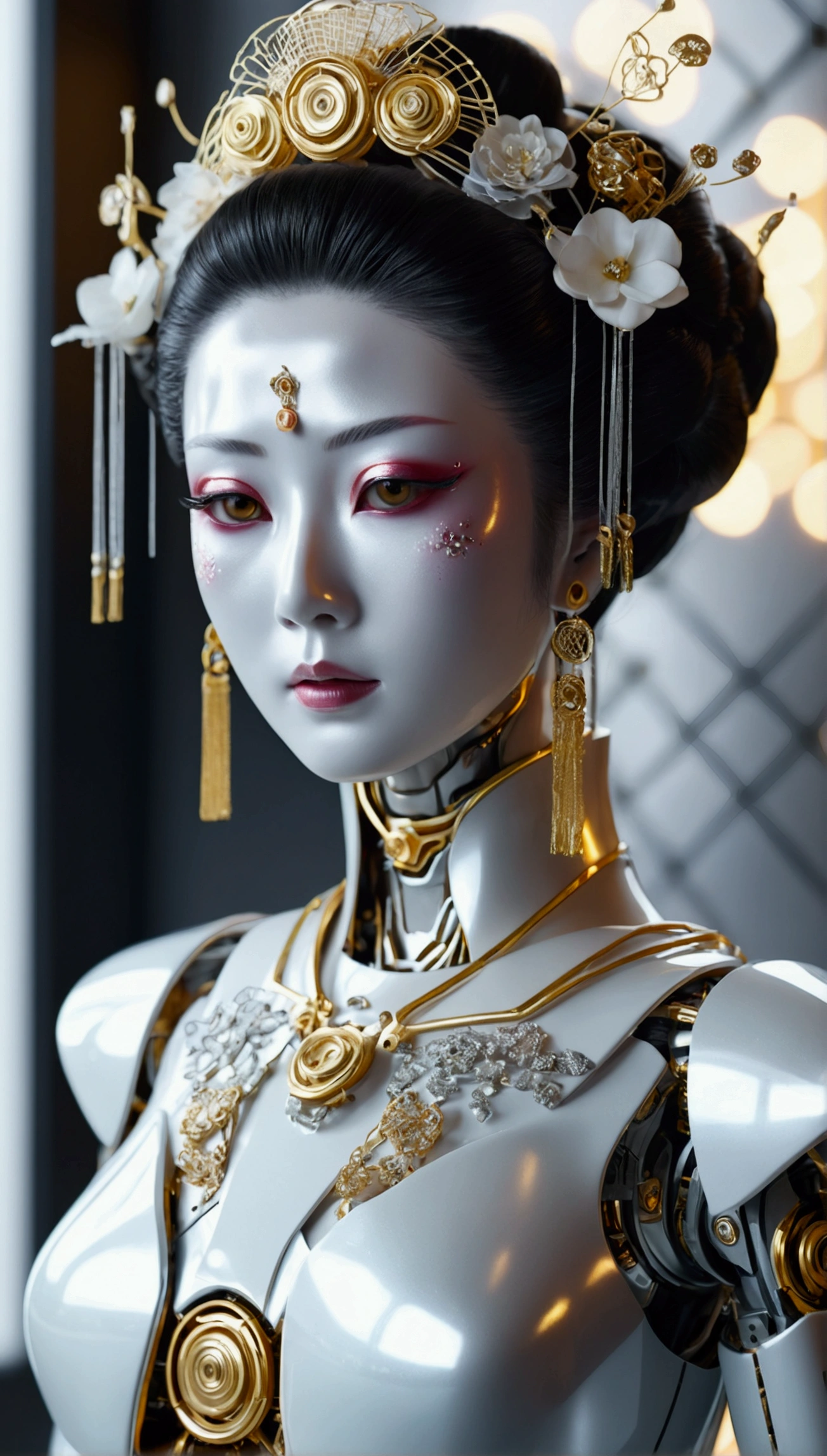 (Best quality,4K,8K,A high resolution,Masterpiece:1.2),Ultra-detailed,(wide wide shot)Wedding photo of a Japanese female robot in the mid-twentieade of shiny white and silver translucent glass and plastic, geisha makeup and hairstyle, Silver metal interior body, Glowing gold circuit,
