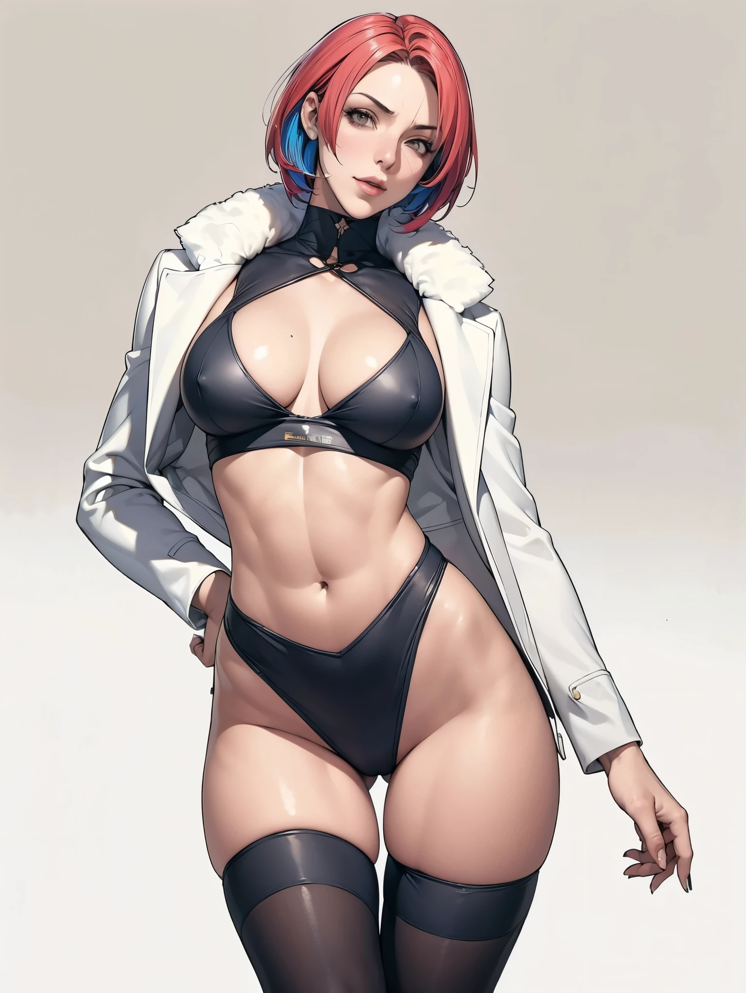 (((Annie Lennox))), (((colorful suit))), (scars), (((bandaged arms))), (((colorful clothes))) (( hood)), (((best quality: 1.4))), (Unbeatable masterpiece), (hyper HD),(CG 8k hyper-realistic), brave face, (((breasts big))), (((hyper feminine))), sexly girl, black tattoo,(ultra short red hair with white highlights)), ((( sculptural body ))), (((1 Kizi))), Kizi tatuada de 25 anos com perfect body,,Beautiful and well-groomed face,muscular body:1.2,solid color detailed jacket, (Head to thigh photos), Complex equipment, ,Tight clothes,With white stars and off-white stripes,,,,,Armor Metal Electronic Parts, Poison tattoos ) INFO, Kizi, (((standing alone))), , 24歳, sexy, pose de attitude, work of art, dancing, ((slight smile)), post-apocalypse, (((manga style))), bounty hunter, the way you want, perfect body, roupa moderna, advanced technology, white, yellow accent, black, red accent, fur collar jacket, sleeves with vertical striped pattern, background city, (( cowboy shot )). intricate visual, narrow waist, (((wide hips))), wide hips, fit thighs, (((thigh gap))), Thigh gap, background shows a futuristic airplane, open expression, expression happy, squarish face