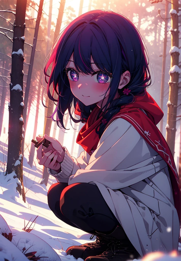 aihoshino, Ai Hoshino, Long Hair, bangs, (Purple eyes:1.1), Purple Hair, (Symbol-shaped pupil:1.5), smile,,smile,blush,white breath,
Open your mouth,snow,Ground bonfire, Outdoor, boots, snowing, From the side, wood, suitcase, Cape, Blurred, , forest, White handbag, nature, Squat, Mouth closed, Cape, winter, Written boundary depth, Black shoes, red Cape break looking at viewer, Upper Body, whole body, break Outdoor, forest, nature, break (masterpiece:1.2), Highest quality, High resolution, unity 8k wallpaper, (shape:0.8), (Beautiful and beautiful eyes:1.6), Highly detailed face, Perfect lighting, Highly detailed CG, (Perfect hands, Perfect Anatomy),