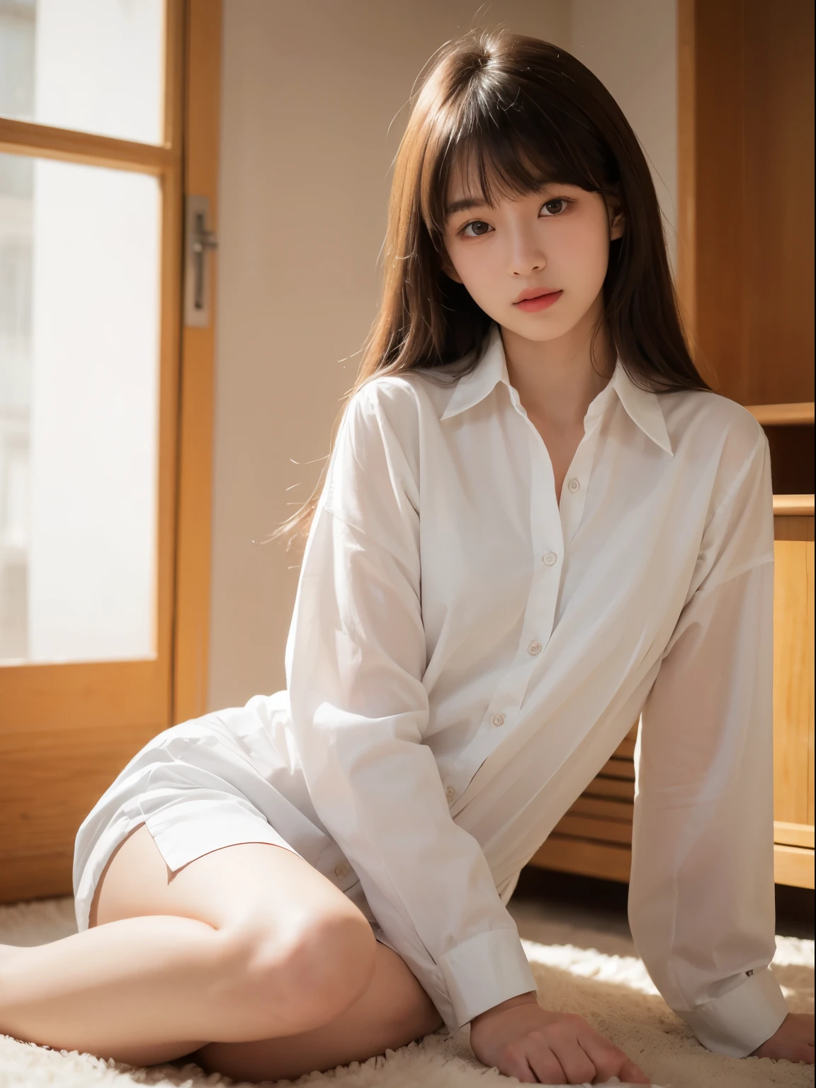 (8k, Top quality, Masterpiece:1.2), (Realistic, photo-realistic:1.37), Super detailed, perfect anatomy, cute, small eyes, 18 years old, a Japanese, girl, bangs, dress shirt in naked,