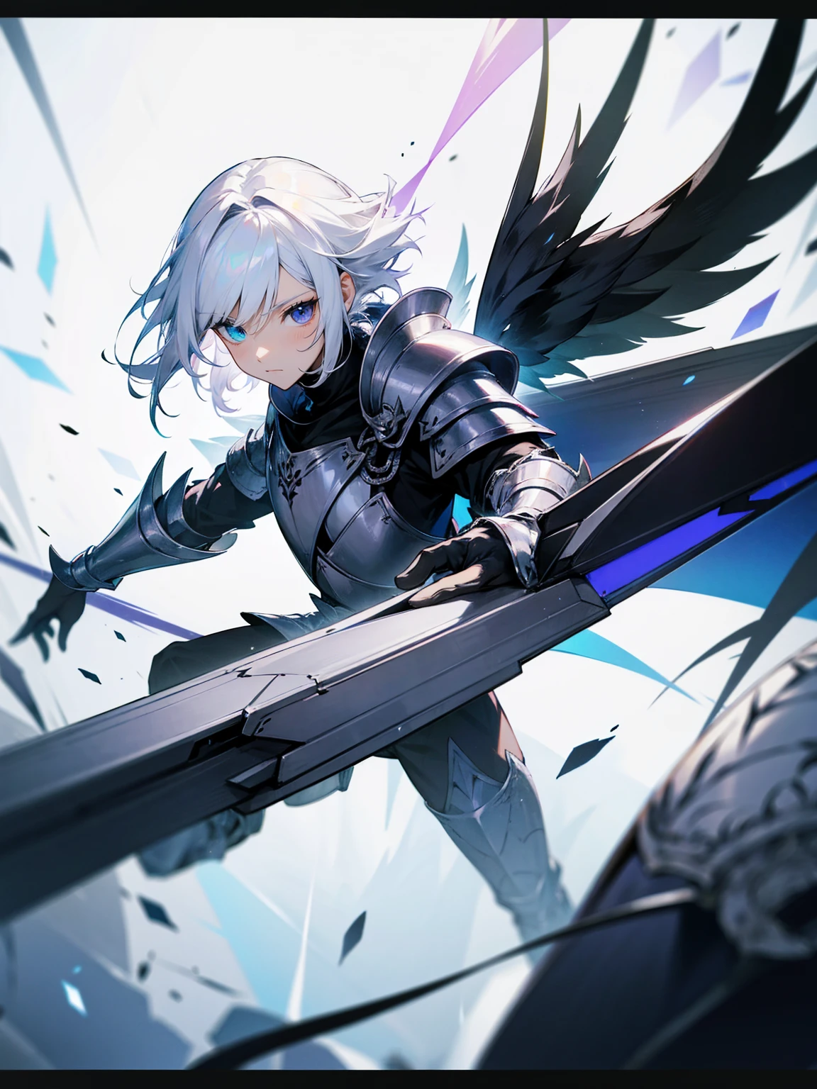 1male, white hair, armor, black eyes, heterochromia, armor, black fairy wings,void