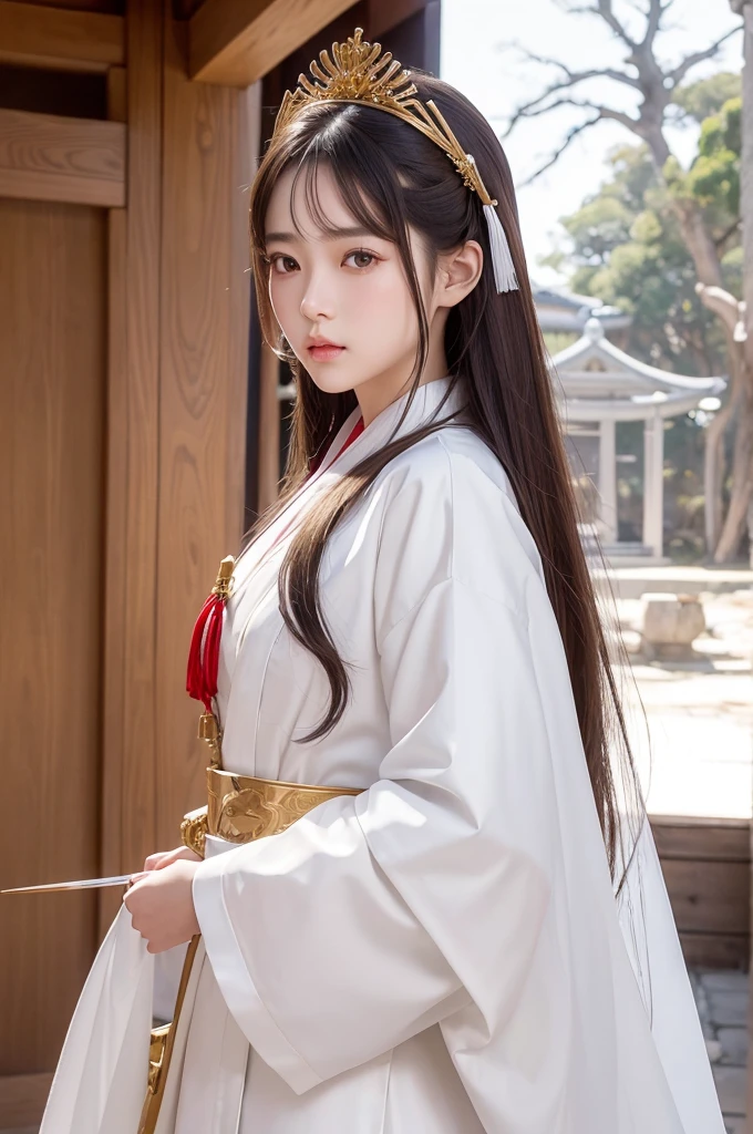 White hunting uniform, a shinto shrine maiden, detailed face, detailed eyes, detailed lips, long straight brown hair, gold simple thin hair tiara, red straight lines on white outfit, conservative outfit, holding silver scissors, standing in a shrine courtyard, upper body closeup, high quality, digital art, photorealistic, dramatic lighting, cinematic, masterpiece