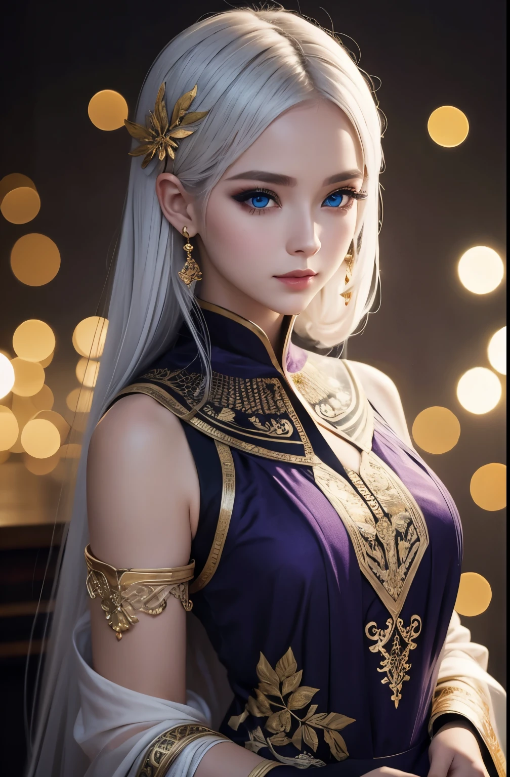 Young woman(Dress Gold Patterns with Black Purple Color,bright colors,White hair,blue eyes,makeup Bright),background(Golden Leaves Circling,Like Lights,a mystic,Pleasant Tone and Gentle Atmosphere) masterpiece,ultra detail,top quality,8 K